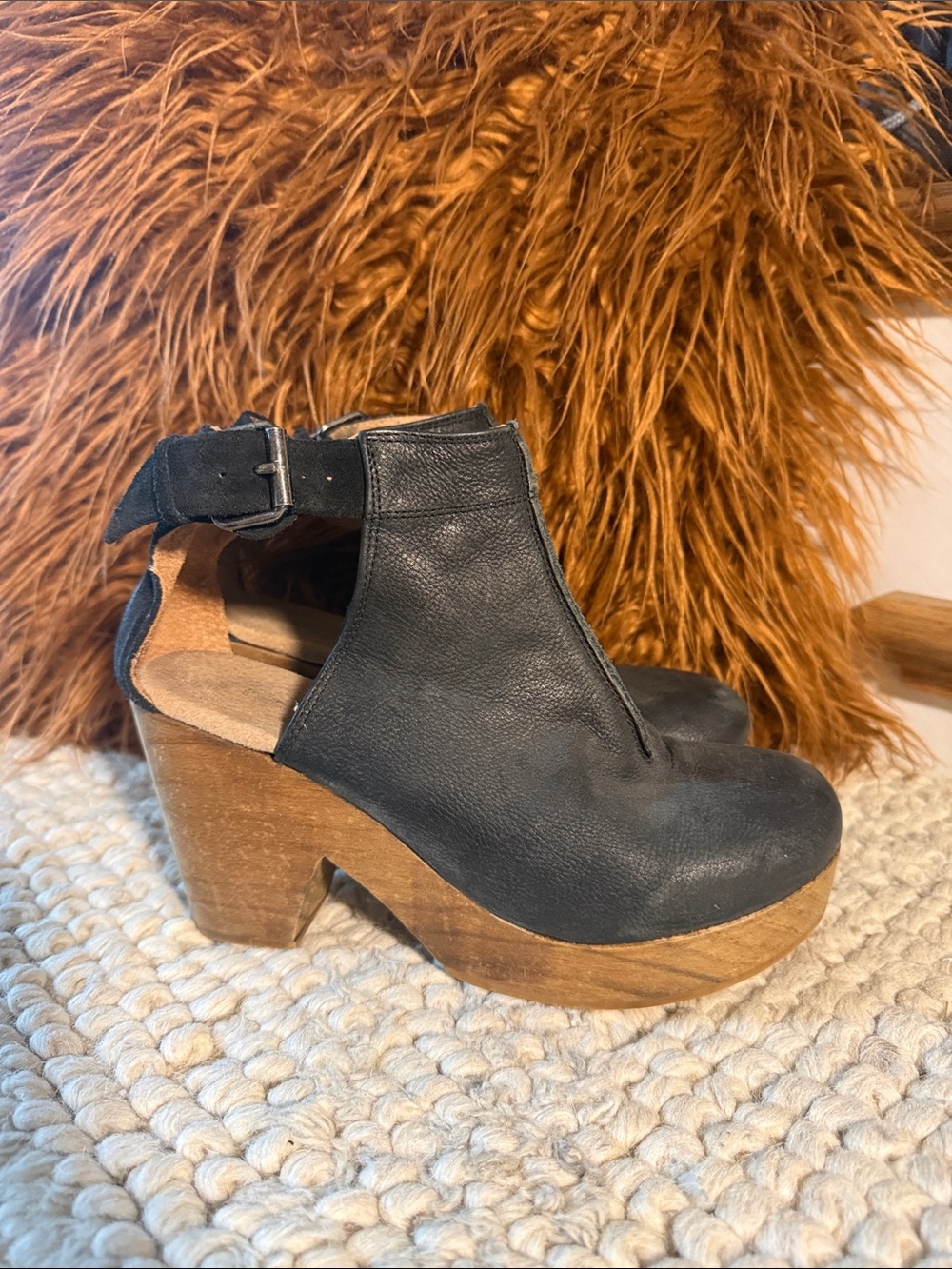 Free People Black Leather Cutout Platform Clogs